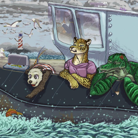 Fishing Trip, three anthro animals on a boat look over the water while it rains